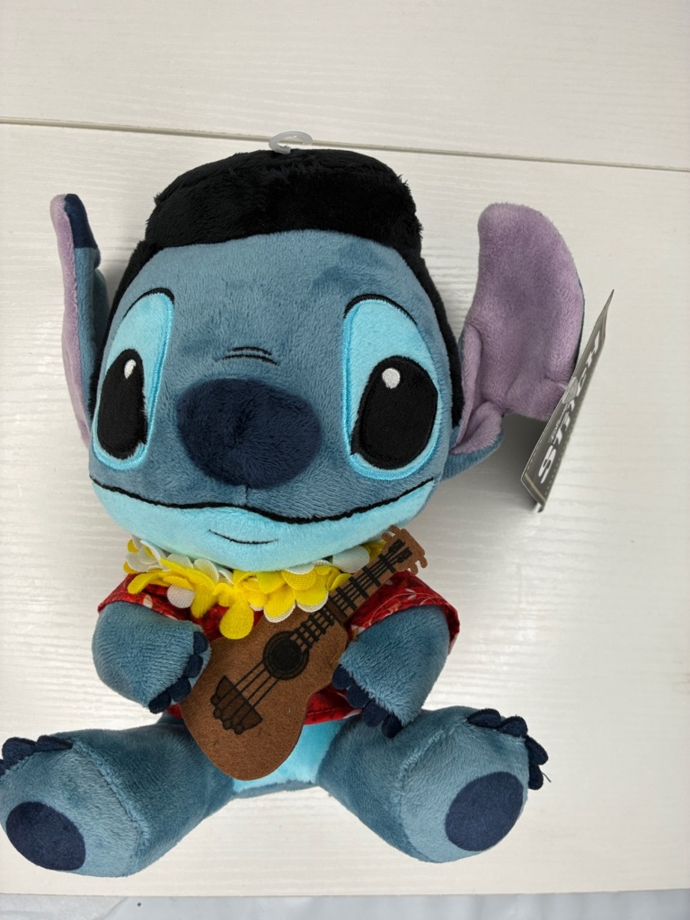 Disney Plush Stitch in Blue with Red Shirt, Yellow Lei and Brown Ukulele